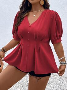 SHEIN LUNE Hơn Chi tiết nếp Ống tay áo Áo sơ mi - Đỏ - Xem 3