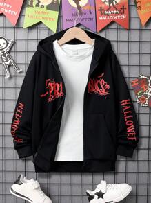 SHEIN 青少年男孩单件字母图案拉链卫衣 - 黑色 - 查看 1