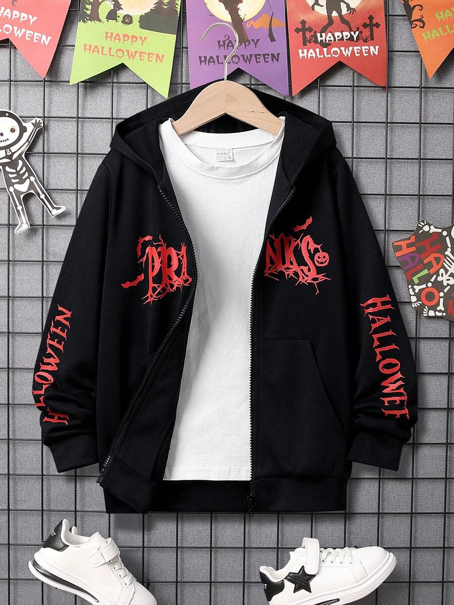 SHEIN 青少年男孩单件字母图案拉链卫衣 - 黑色 - 查看 1