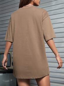 DVRKSHINES 骷髏頭和字母圖案落肩袖超大號T恤 - 摩卡棕 - 查看 4