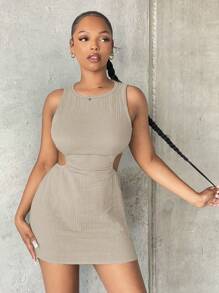 SHEIN SXY 腰部鏤空緊身洋裝 - 卡其色 - 查看 5
