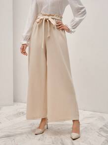 SHEIN Frenchy Nếp gấp cao eo Thắt lưng Quần ống rộng - Màu be - Xem 5