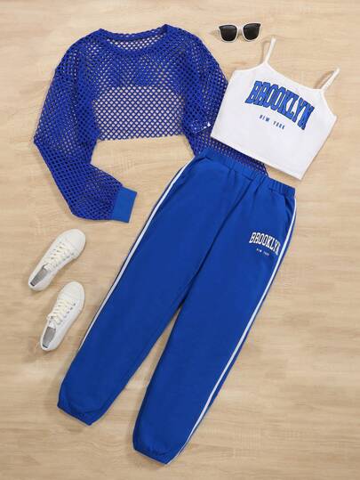 SHEIN Leap Crew Teen Girl Letter Graphic Cami Top & Mesh Top & Sweatpants