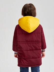SHEIN Cappotto imbottito con cappuccio, vita con coulisse e dettagli a contrasto, foderato termicamente per ragazzo giovane - Bordò - Visualizzare 7