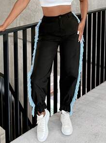 SHEIN SXY Pantalones de talle alto ribete con fleco - Negro - Ver 3