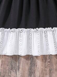 SHEIN Tween Girl Contrast Color Patchwork Embroidery Hollow Ruffle Hem Casual Camisole Dress