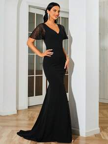 Missord 網紗拼接高衩魚尾裙下擺派對禮服 - 黑色 - 查看 4