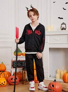 SHEIN 青少年男孩单件字母图案拉链卫衣 - 黑色 - 查看 3