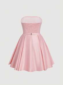 SHEIN MOD Chất rắn Viền bình hàng phía sau Thắt lưng Váy liền áo - Màu Hồng baby - Xem 2