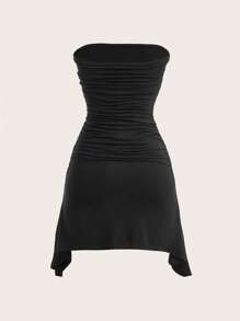 SHEIN EZwear Ruched Side Asymmetrical Hem Tube Dress - Black - View 2