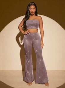 SHEIN SXY Glitter Crop Tube Top & Flare Leg Pants - Dusty Pink - View 4