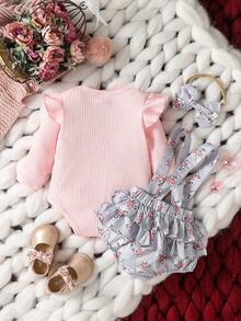 Đứa bé gái In hình con voi Viền Ruffle Áo liền quần chặt & Nơ mặt trước Quần Overall & Băng đô đầu - Nhiều màu - Xem 2
