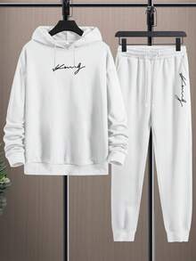 Manfinity Homme 男士字母圖案袋鼠口袋抽繩連帽衫和運動褲 - 白色 - 查看 3