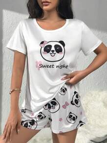 Panda & Slogan Graphic White Top & Shorts PJ Set / Pajama Set With Eye Mask Bridallingerie - White - View 4
