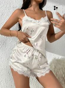 Floral Print Eyelash Lace Trim Satin PJ Set / Pajama Set White Set Bridal Lingerie - White - View 5