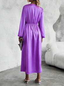 SHEIN Clasi Cổ Lao Tay áo lồng đèn Xù Đầm ôm sát ngực - Màu tím - Xem 3