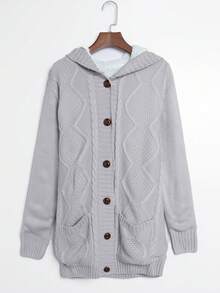CILKOO 女士长袖休闲针织连帽开衫，前开襟纽扣，保暖 - 淺灰色 - 查看 6