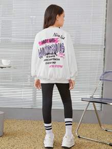 SHEIN Tween Girl Slogan Graphic Drop Shoulder Sweatshirt - White - View 4