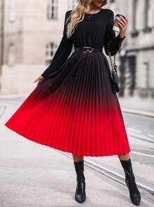 SHEIN Clasi Ombre Pleated Hem Belted Dress - Multicolor - View 1