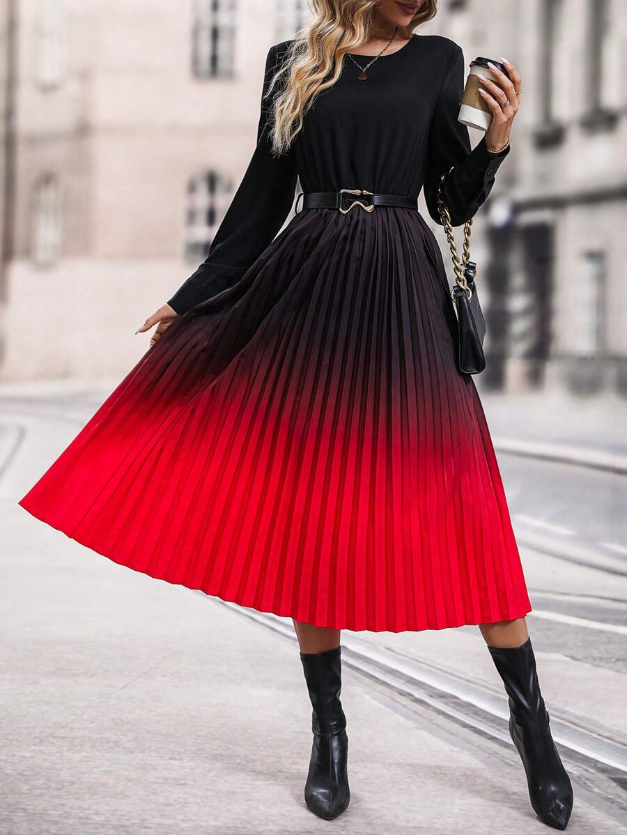 SHEIN Clasi Ombre Pleated Hem Belted Dress - Multicolor - View 1