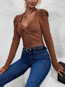 SHEIN Clasi Tricou cu mânecă gigot răsucită - Maro - Vizualizare 5