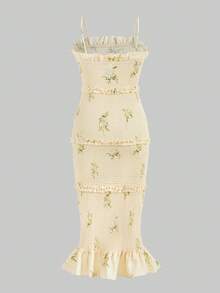 SHEIN MOD 印花褶邊魚尾裙下擺吊帶洋裝 - 黃色 - 查看 2