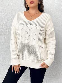 Celure Plus Pointelle Knit Drop Shoulder Sweater - Beige - View 4