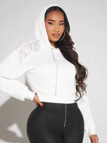 SHEIN SXY Rhinestone Chi tiết Thả vai Dây rút Hoodie - trắng - Xem 4