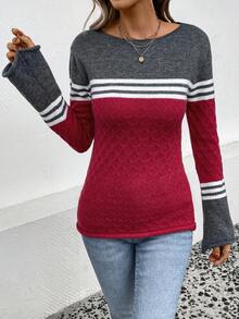 SHEIN LUNE 条纹图案撞色喇叭袖针织套头衫秋冬毛衣 - 彩色 - 查看 5