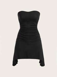 SHEIN EZwear Ruched Side Asymmetrical Hem Tube Dress - Black - View 1