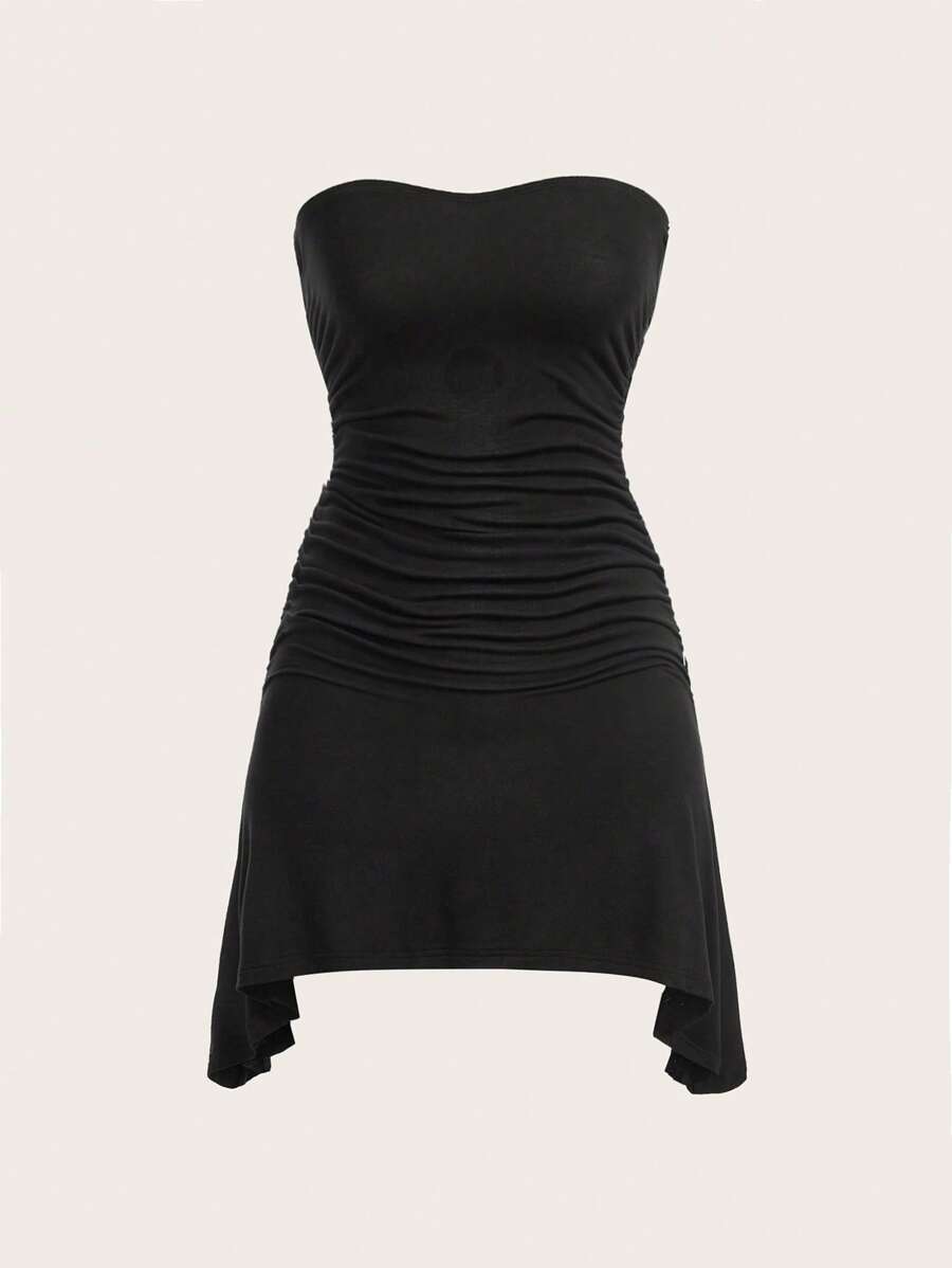 SHEIN EZwear Ruched Side Asymmetrical Hem Tube Dress - Black - View 1