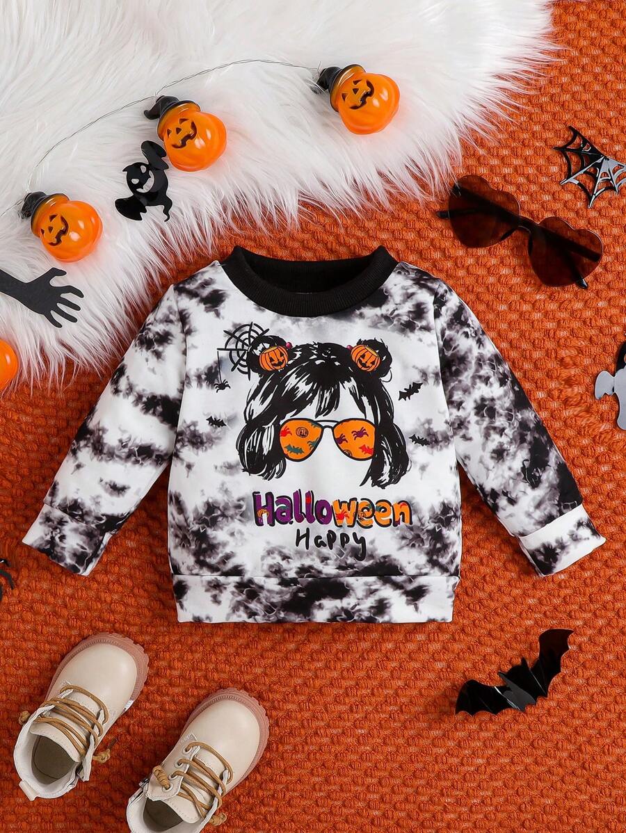 女嬰紮染字母人物圖案運動衫 - 黑與白 - 查看 1