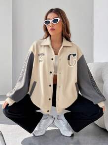 SHEIN EZwear Đồ họa đại bàng và chữ cái Hai âm Thả vai Áo khoác - Màu be - Xem 2