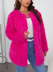 SHEIN Privé 大碼假皮草外套 - 玫紅色 - 查看 3