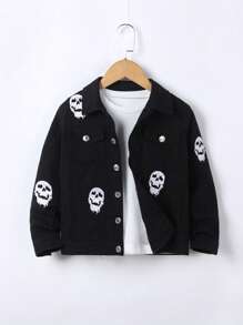 Tween Boy Halloween Skull Print Denim Jacket Without Tee