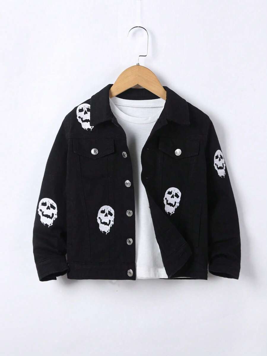 Tween Boy Halloween Skull Print Denim Jacket Without Tee