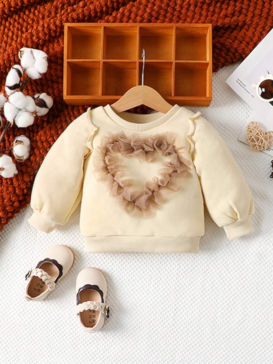 Baby Girl Contrast Mesh Ruffle Trim Sweatshirt - Beige - View 1