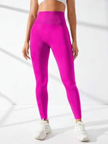 Yoga Basic 無縫高彈力寬版腰帶運動打底褲 - 玫紅色 - 查看 6