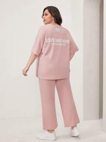 Mulvari Hơn Slogan Đã vá Áo thun Thả vai & Quần - Màu Hồng baby - Xem 2