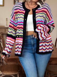 Calvaya Plus Chevron Pattern Drop Shoulder Pointelle Knit Cardigan, For Winter - Multicolor - View 6