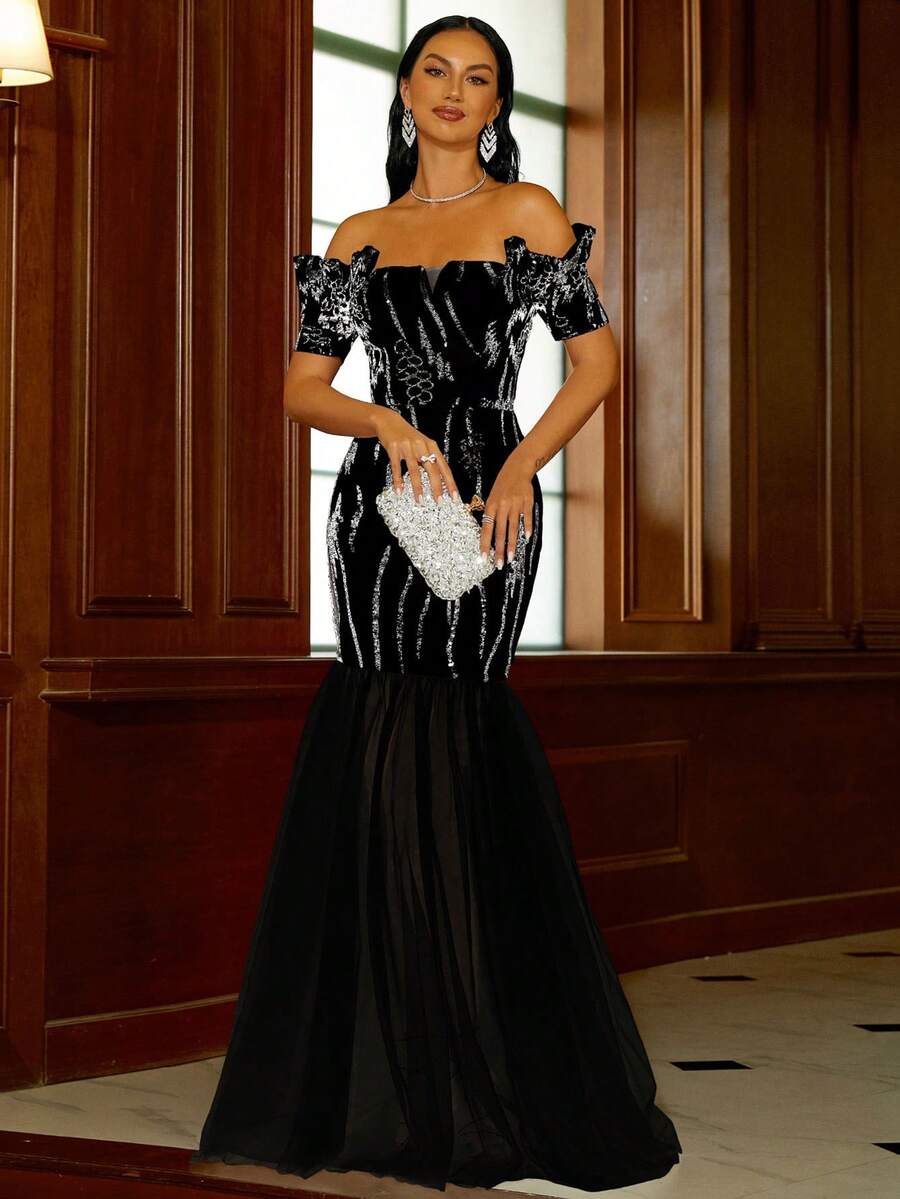 Missord Off Shoulder Sequin Mesh Hem Formal Dress - Black - View 1