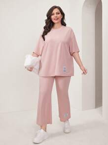 Mulvari Hơn Slogan Đã vá Áo thun Thả vai & Quần - Màu Hồng baby - Xem 6