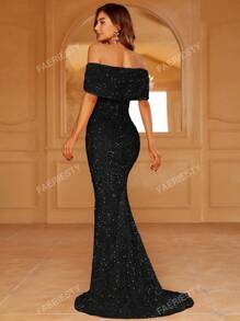 Off Shoulder Split Thigh Sequin Formele Jurk Zwart Elegante Prom Avond Bruiloft Gast Jurk, Voor Afstuderen, Diner