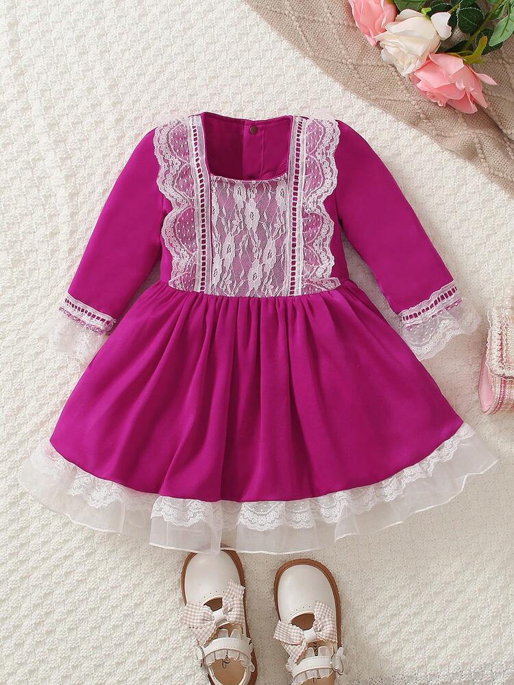 Baby Girl Contrast Lace Square Neck Dress