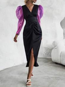 SHEIN Clasi เดรส บล็อคสี จับจีบ ผ่าสูง - สีดำ - ดู 3
