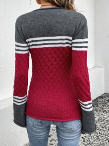 SHEIN LUNE 条纹图案撞色喇叭袖针织套头衫秋冬毛衣 - 彩色 - 查看 2