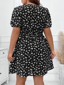 SHEIN Clasi 碎花印花泡泡袖夏季波西米亚风连衣裙 - 黑色 - 查看 2