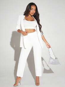SHEIN SXY Shawl Neck Open Front Blazer & Pants Without Cami Top In Fall/Winter - White - View 4