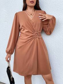 Calvaya Plus Ring Linked Lantern Sleeve Dress - Apricot - View 1