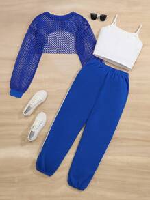 SHEIN Leap Crew Teen Girl Letter Graphic Cami Top & Mesh Top & Sweatpants - Blue and White - View 2